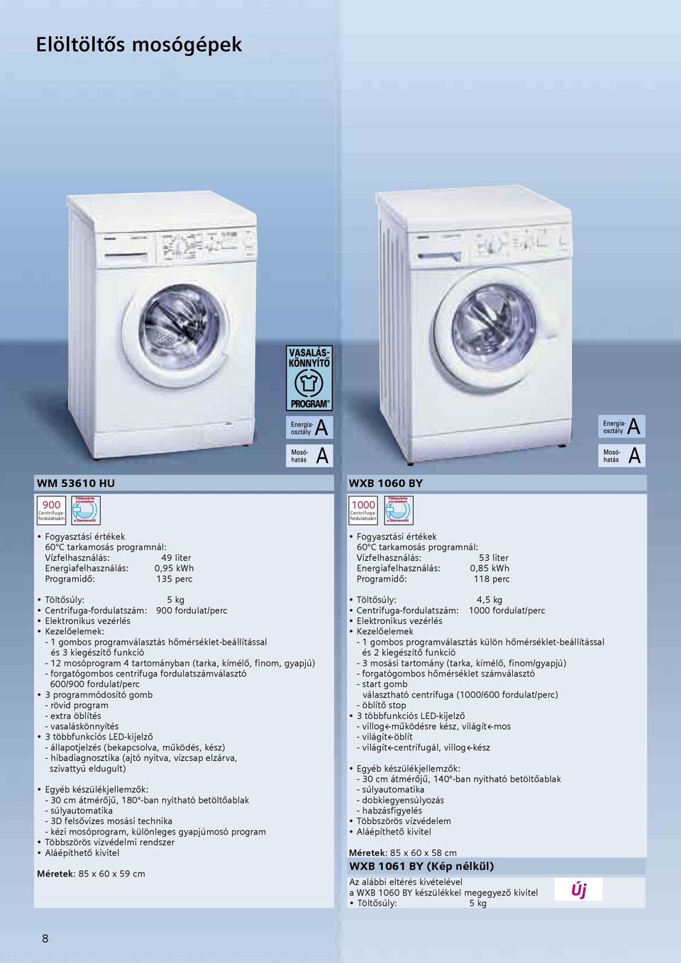 kímélő, finom, gyapjú) - forgatógombos centrifuga fordulatszámválasztó 600/900 fordulat/perc 3 programmódosító gomb - rövid program - extra öblítés - vasaláskönnyítés 3 többfunkciós LED-kijelző -