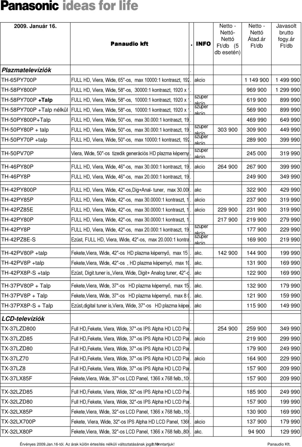 969 komp, 900VieraValós 1 2991080p 990 jelfeldolgo TH-58PY700P +Talp FULL HD, Viera, Wide, 58"-os, 10000:1 kontraszt, 1920 x 1080 XGA felbontás, UXGA PC 619 komp, 900VieraValós 8991080p 990
