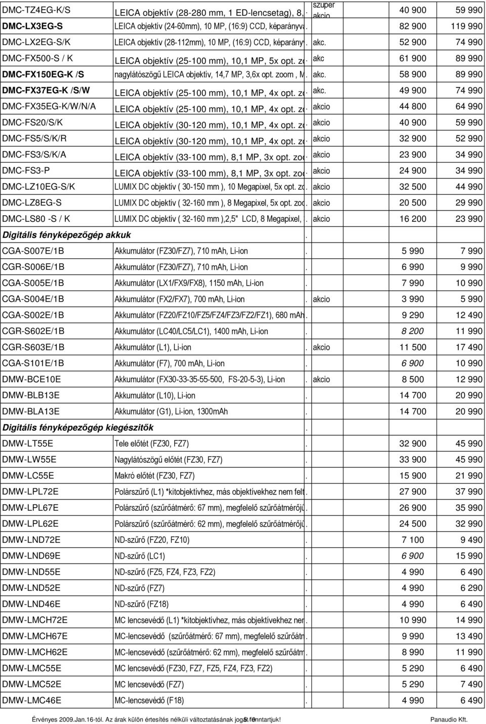 (28-112mm), 10 MP, (16:9) CCD, képarányválasztó akc kapcs az objektívtubuson, 52 900 joystick, 4x 74 opt 990 zoom, MEGA O LEICA objektív (25-100 mm), 10,1 MP, 5x opt zoom, akcmega OIS opt képstab, 61