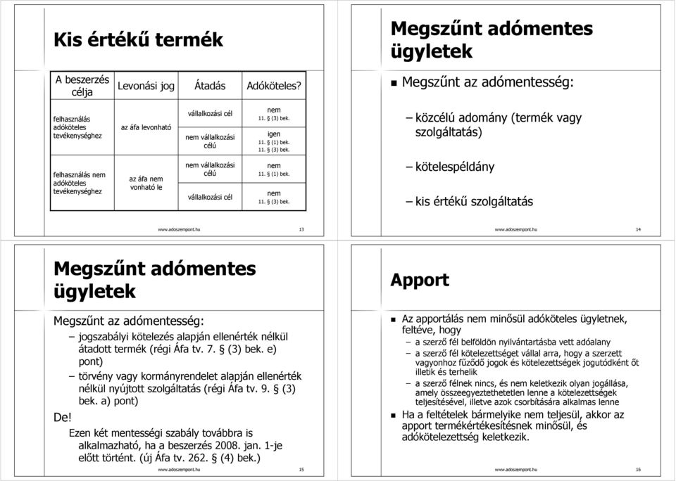 igen 11. (1) bek. 11. (3) bek. közcélú adomány (termék vagy szolgáltatás) felhasználás nem adóköteles tevékenységhez az áfa nem vonható le nem vállalkozási célú vállalkozási cél nem 11. (1) bek. nem 11. (3) bek. kötelespéldány kis értékű szolgáltatás www.