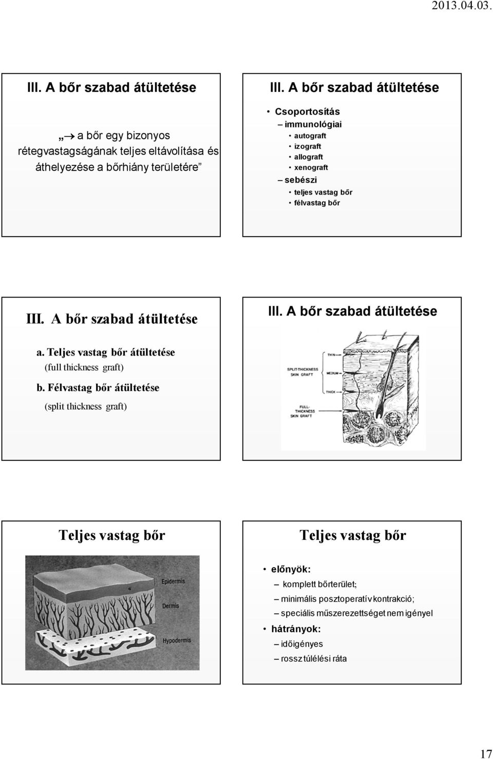 A bőr szabad átültetése III. A bőr szabad átültetése a. Teljes vastag bőr átültetése (full thickness graft) b.