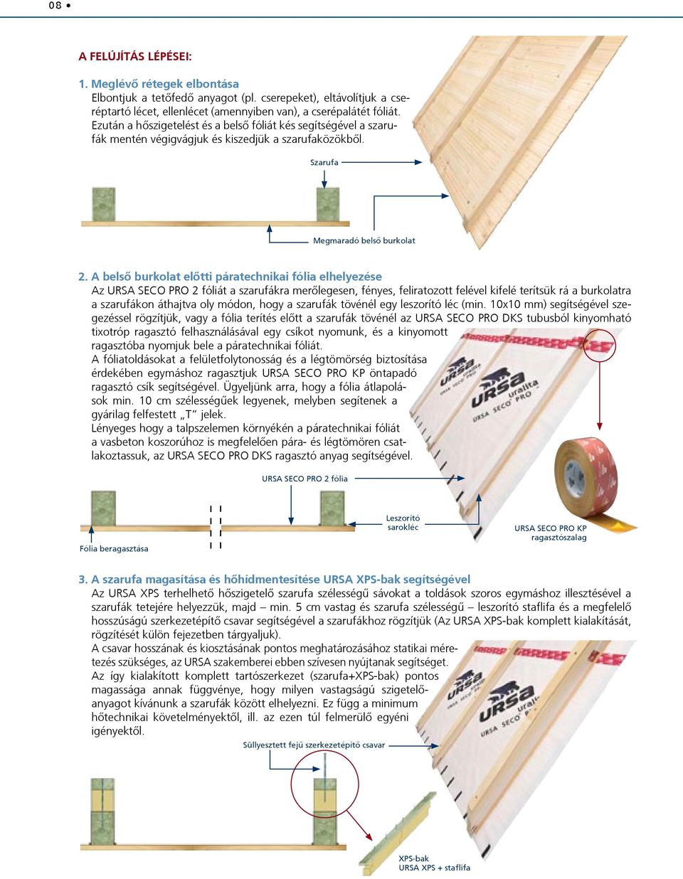 A belső burkolat előtti páratechnikai fólia elhelyezése Az URSA SECO PRO 2 fóliát a szarufákra merőlegesen, fényes, feliratozott felével kifelé terítsük rá a burkolatra a szarufákon áthajtva oly