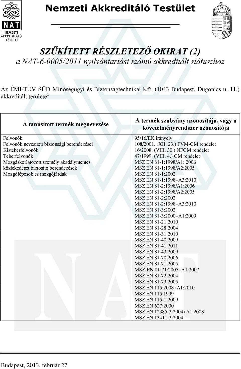 ) akkreditált területe 1 Felvonók Felvonók nevesített biztonsági berendezései Kisteherfelvonók Teherfelvonók Mozgáskorlátozott személy akadálymentes közlekedését biztosító berendezések Mozgólépcsõk