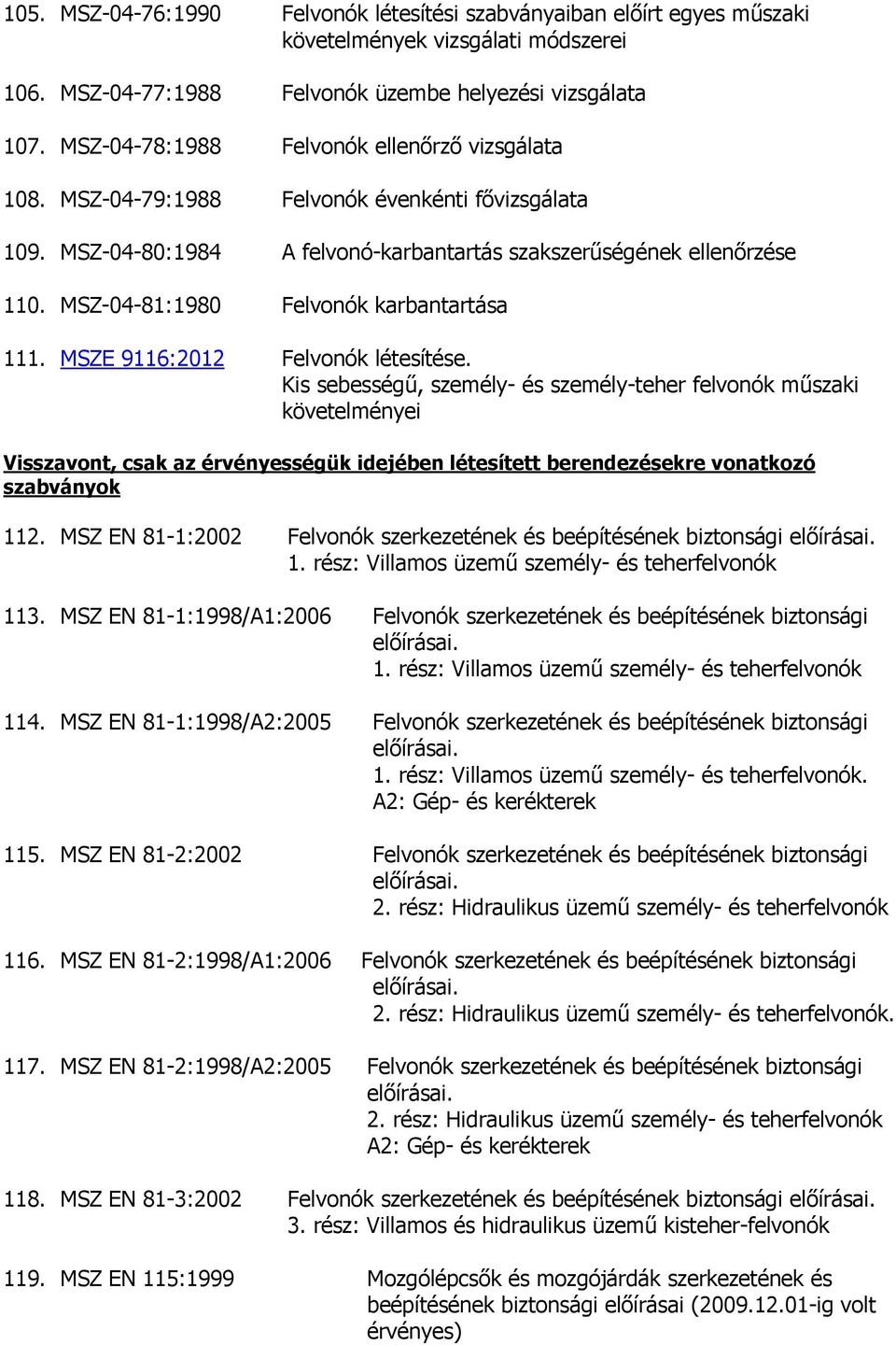 MSZ-04-81:1980 Felvonók karbantartása 111. MSZE 9116:2012 Felvonók létesítése.