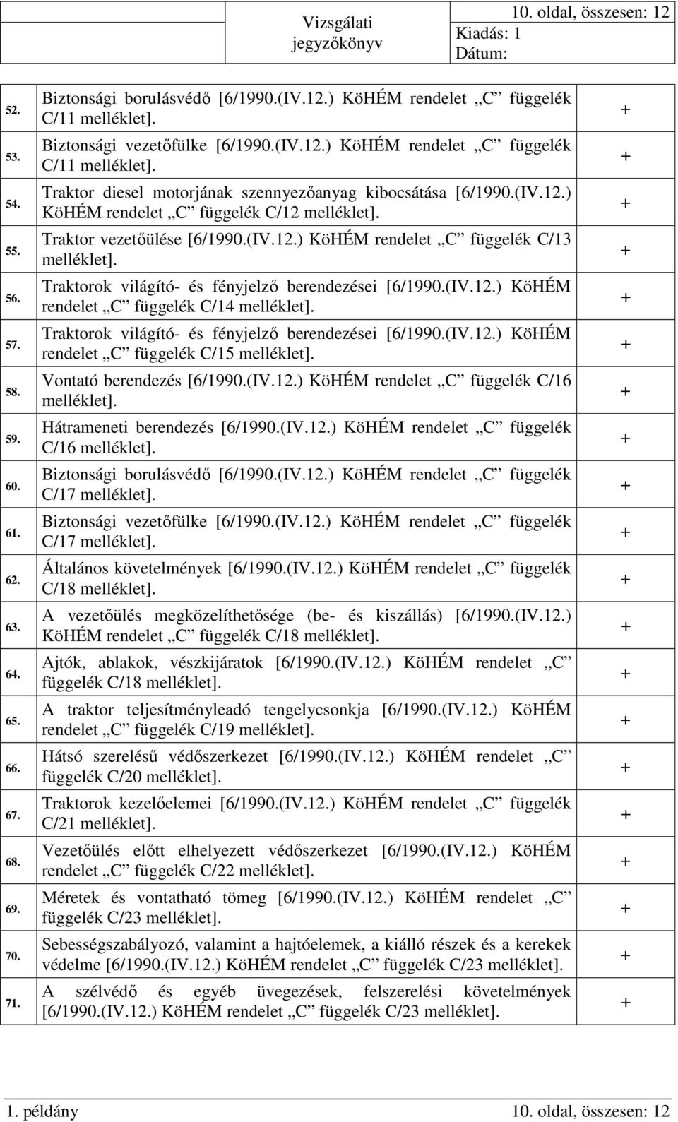 (IV.12.) KöHÉM rendelet C függelék C/14 Traktorok világító- és fényjelző berendezései [6/1990.(IV.12.) KöHÉM rendelet C függelék C/15 Vontató berendezés [6/1990.(IV.12.) KöHÉM rendelet C függelék C/16 Hátrameneti berendezés [6/1990.