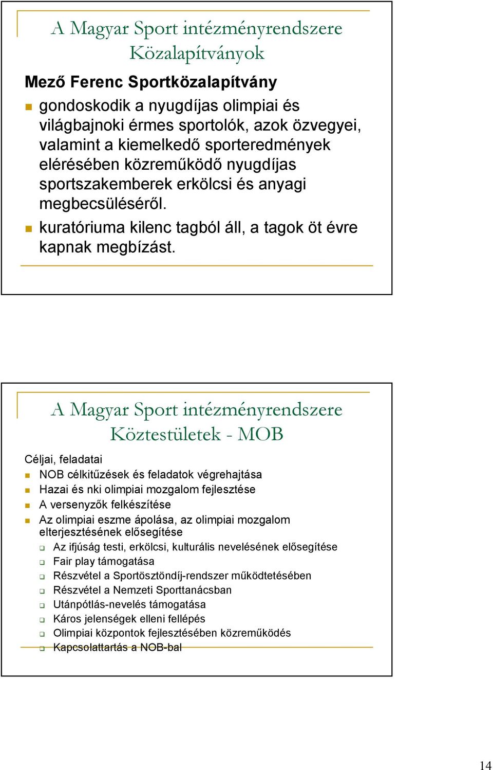 A Magyar Sport intézményrendszere Köztestületek - MOB Céljai, feladatai NOB célkitőzések és feladatok végrehajtása Hazai és nki olimpiai mozgalom fejlesztése A versenyzık felkészítése Az olimpiai