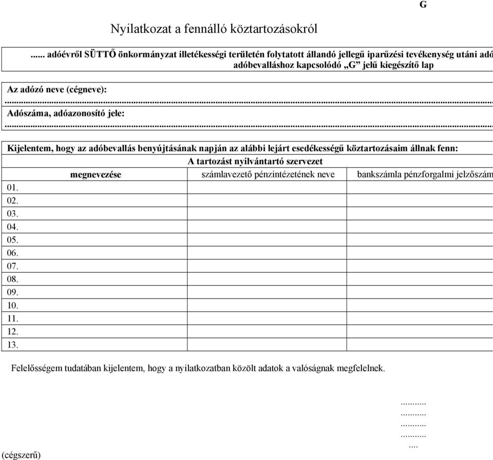 adózó neve (cégneve):. Adószáma, adóazonosító jele:.
