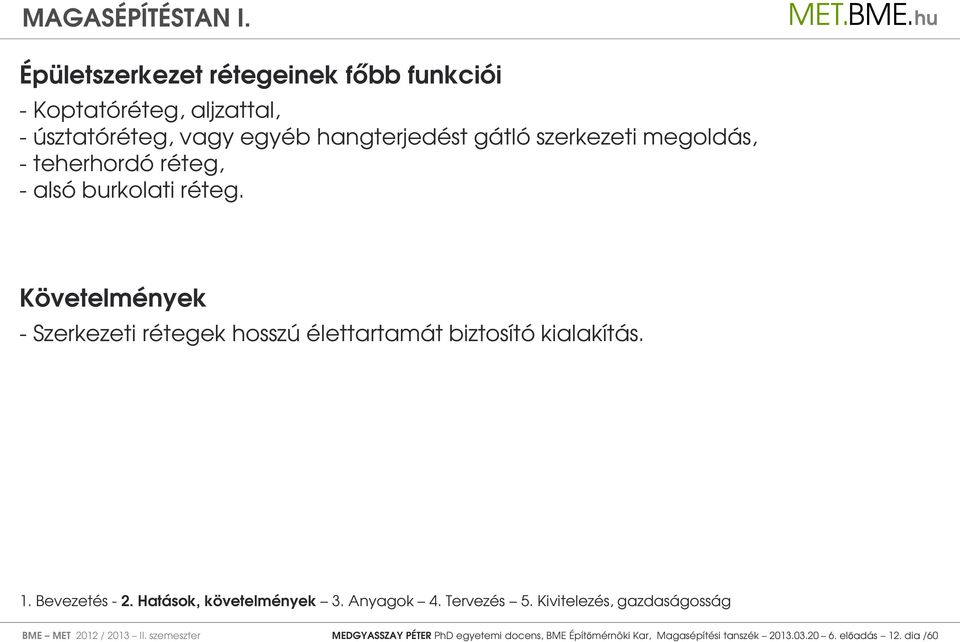 Követelmények - Szerkezeti rétegek hosszú élettartamát biztosító kialakítás. 1. Bevezetés - 2. Hatások, követelmények 3.