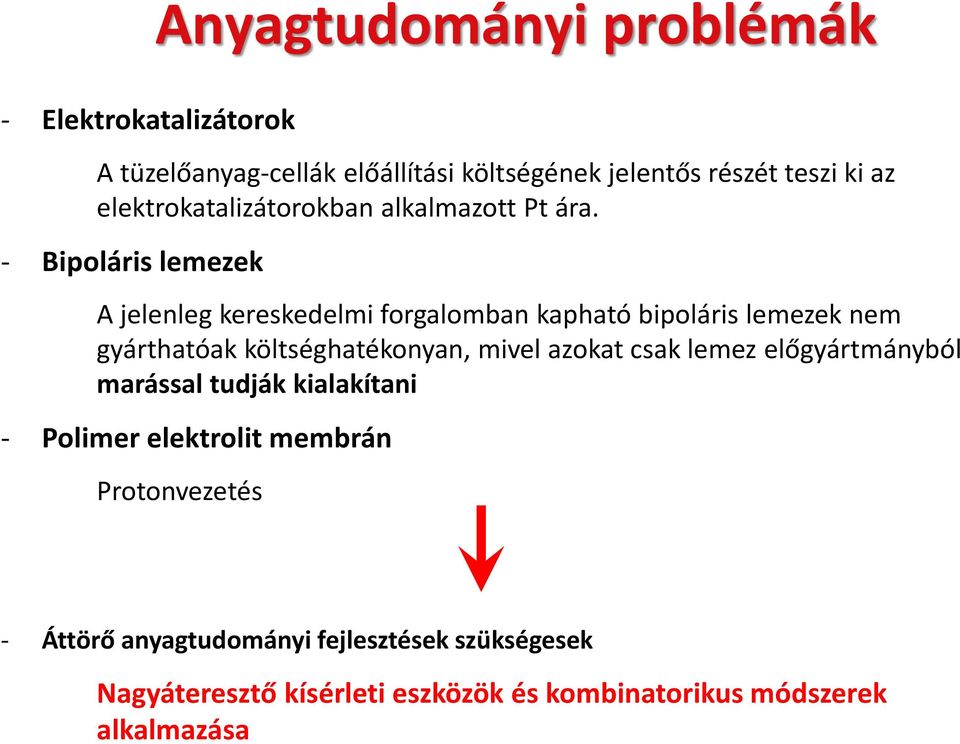- Bipoláris lemezek A jelenleg kereskedelmi forgalomban kapható bipoláris lemezek nem gyárthatóak költséghatékonyan, mivel