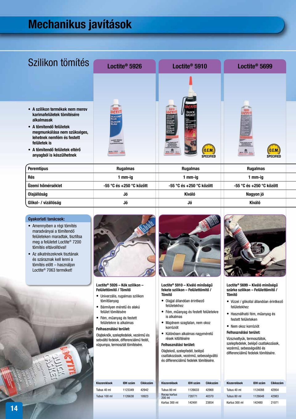 között -55 C és +250 C között -55 C és +250 C között Olajállóság Jó Kiváló Nagyon jó Glikol- / vízállóság Jó Jó Kiváló Gyakorlati tanácsok: Amennyiben a régi tömítés maradványai a tömítendő