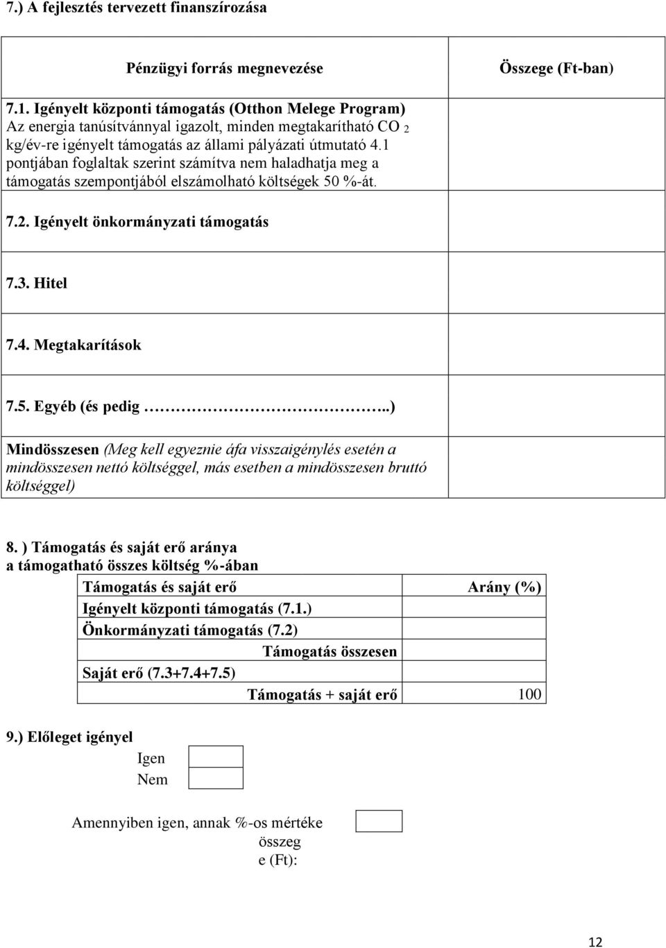 1 pontjában foglaltak szerint számítva nem haladhatja meg a támogatás szempontjából elszámolható költségek 50 %-át. 7.2. Igényelt önkormányzati támogatás 7.3. Hitel 7.4. Megtakarítások 7.5. Egyéb (és pedig.