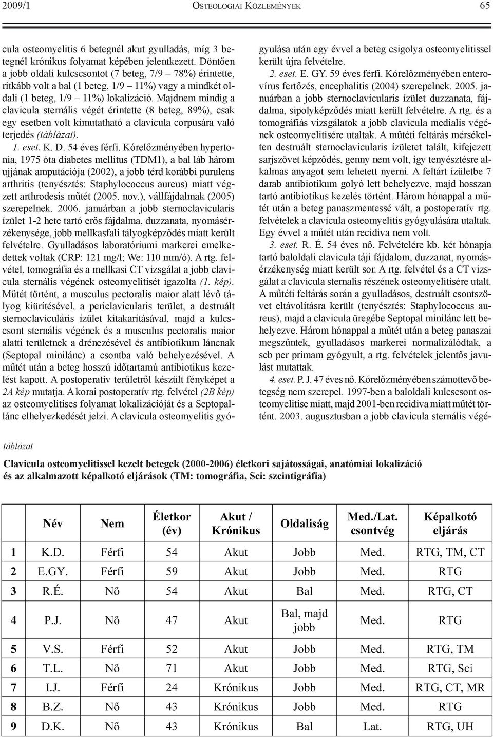 Majdnem mindig a clavicula sternális végét érintette (8 beteg, 89%), csak egy esetben volt kimutatható a clavicula corpusára való terjedés (táblázat). 1. eset. K. D. 54 éves férfi.