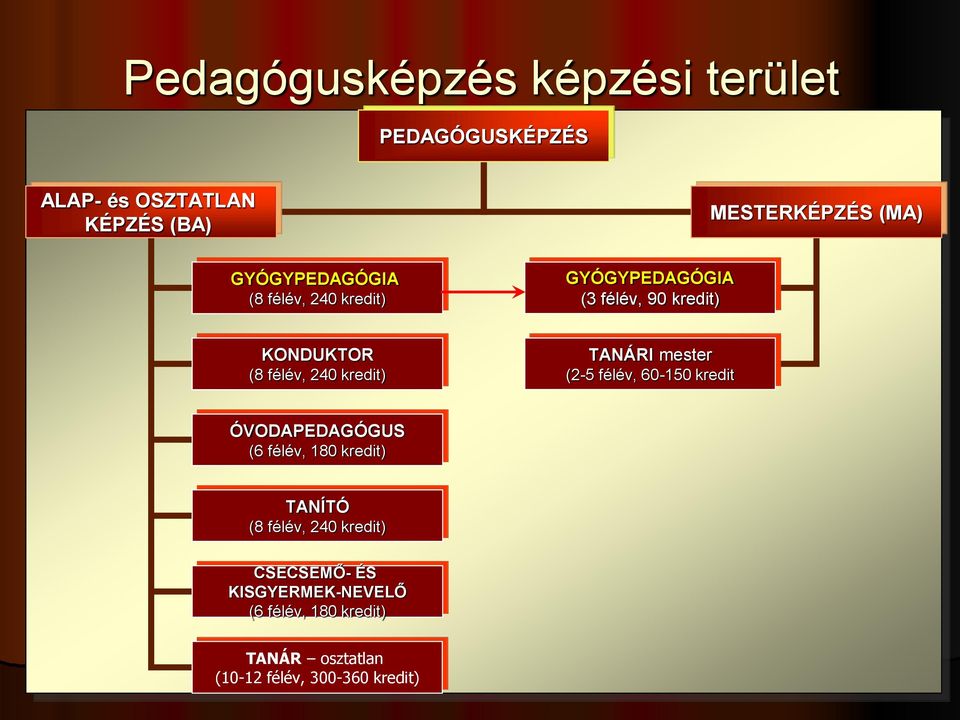 TANÁRI mester (2-5 félév, 60-150 kredit ÓVODAPEDAGÓGUS (6 félév, 180 kredit) TANÍTÓ (8 félév, 240