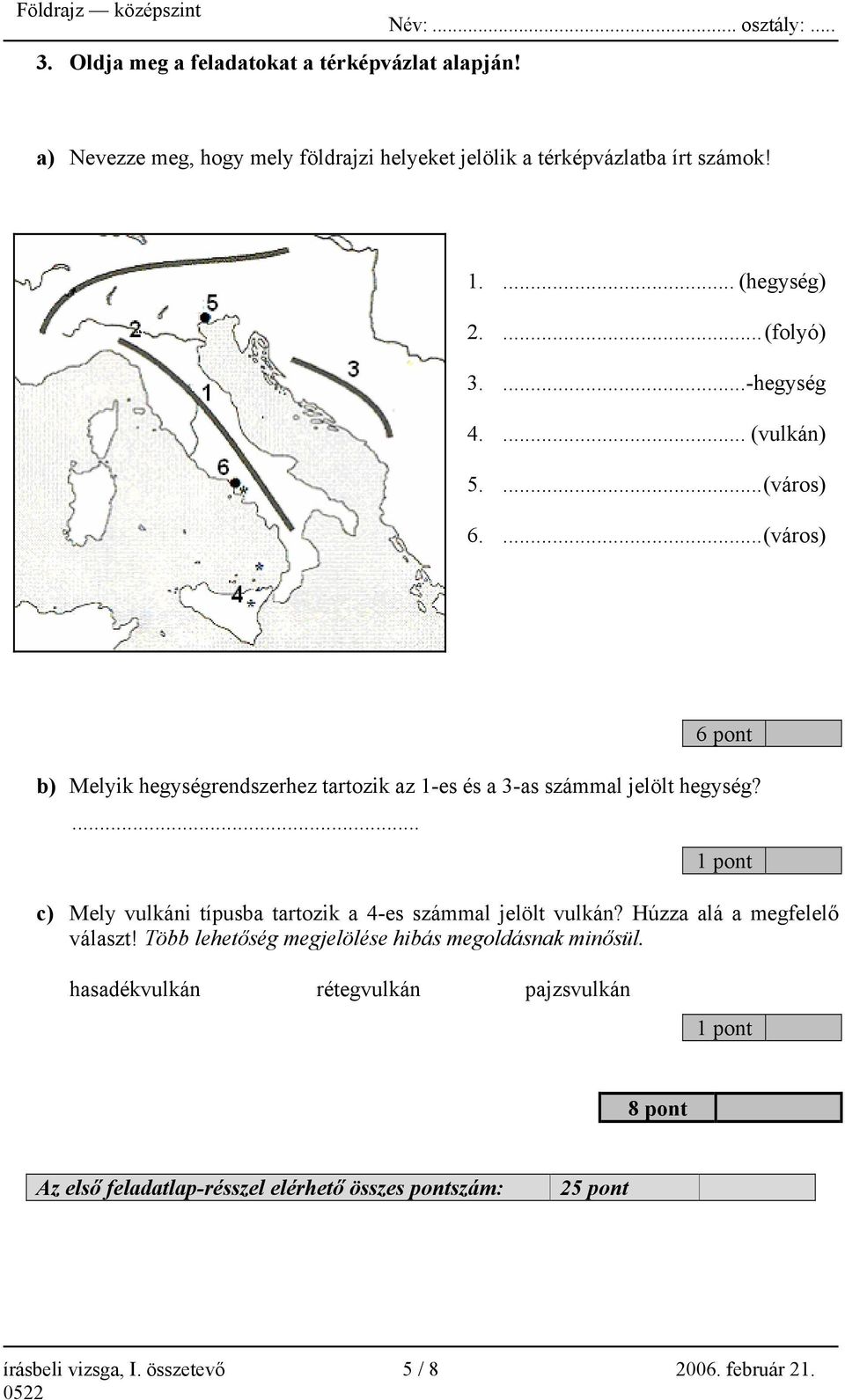 ...(város) 6 pont b) Melyik hegységrendszerhez tartozik az 1-es és a 3-as számmal jelölt hegység?