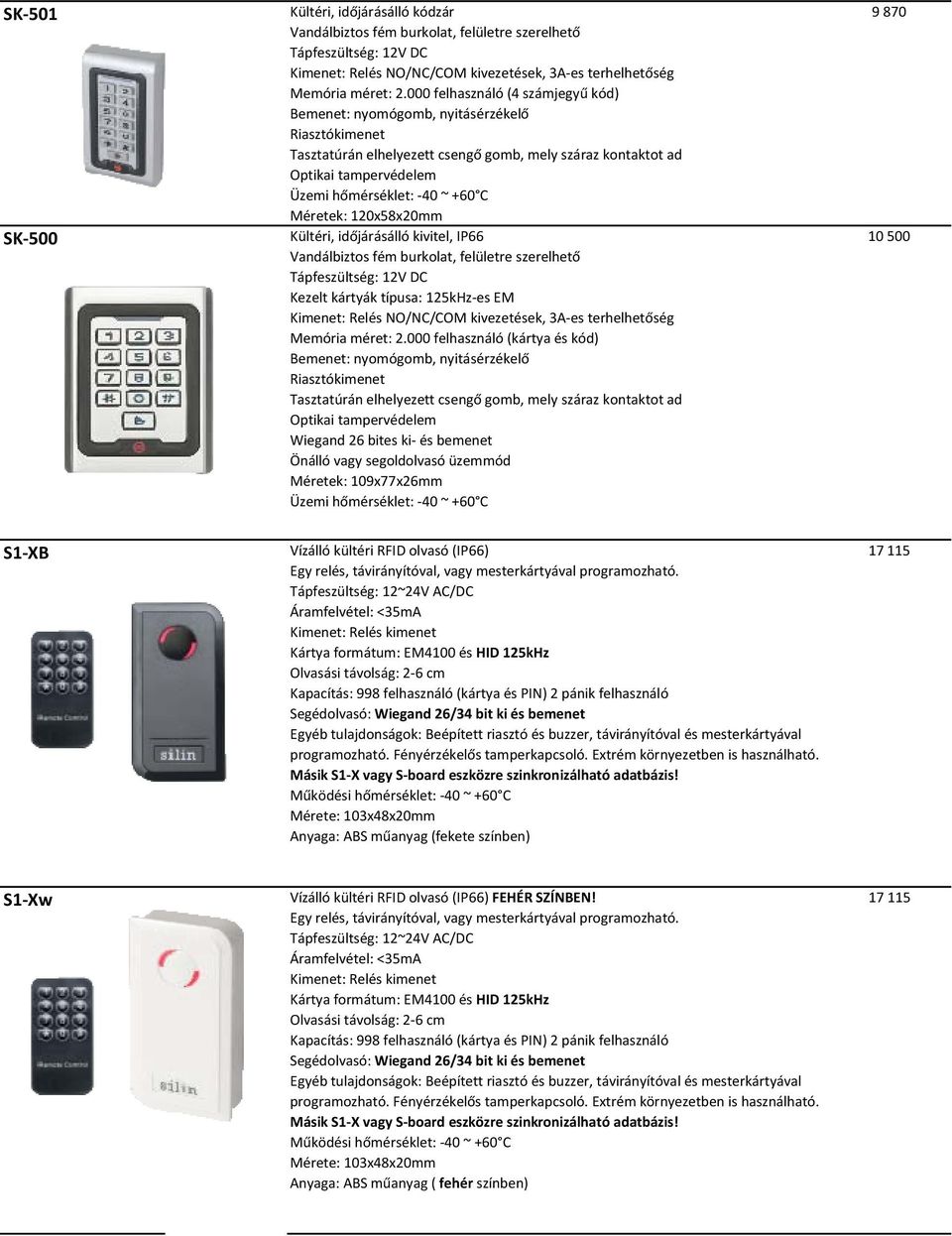 Méretek: 120x58x20mm Kültéri, időjárásálló kivitel, IP66 Vandálbiztos fém burkolat, felületre szerelhető Kezelt kártyák típusa: 125kHz es EM Kimenet: Relés NO/NC/COM kivezetések, 3A es terhelhetőség