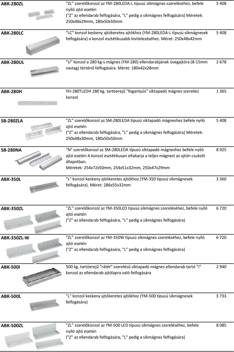 Méret: 250x48x42mm 5 408 5 408 ABK 280UL "U" konzol a 280 kg s mágnes (YM 280) ellendarabjának üvegajtóra (8 15mm vastag) történő felfogására. Méret: 180x42x28mm 2 678 ABK 280H YH 280TLEDH 280 kg.