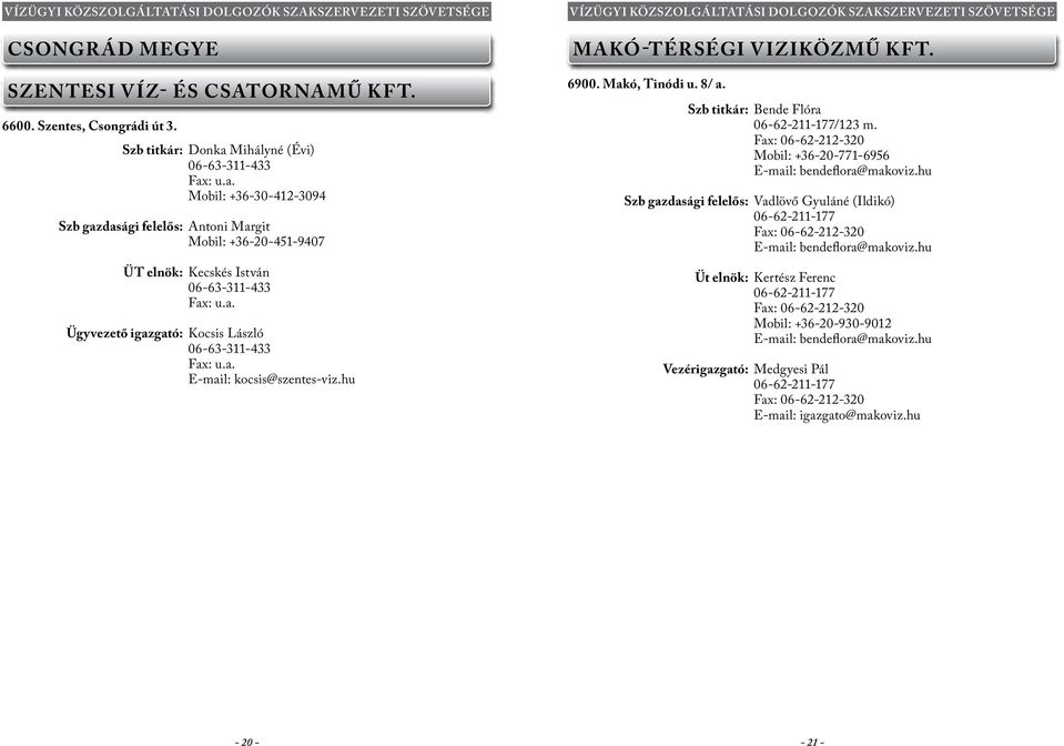 a. E-mail: kocsis@szentes-viz.hu MAKÓ-TÉRSÉGI VIZIKÖZMŰ KFT. 6900. Makó, Tinódi u. 8/ a. Szb titkár: Bende Flóra 06-62-211-177/123 m.