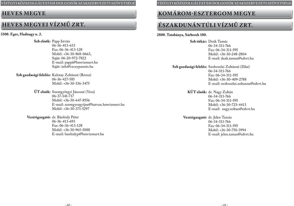 hu Szb gazdasági felelős: Kalotay Zoltánné (Rózsa) 06-36-427-585 Mobil: +36-30-336-3475 ÜT elnök: Szentgyörgyi Jánosné (Vera) 06-37-341-717 Mobil: +36-30-647-8556 E-mail: szentgyorgyijne@hatvan.