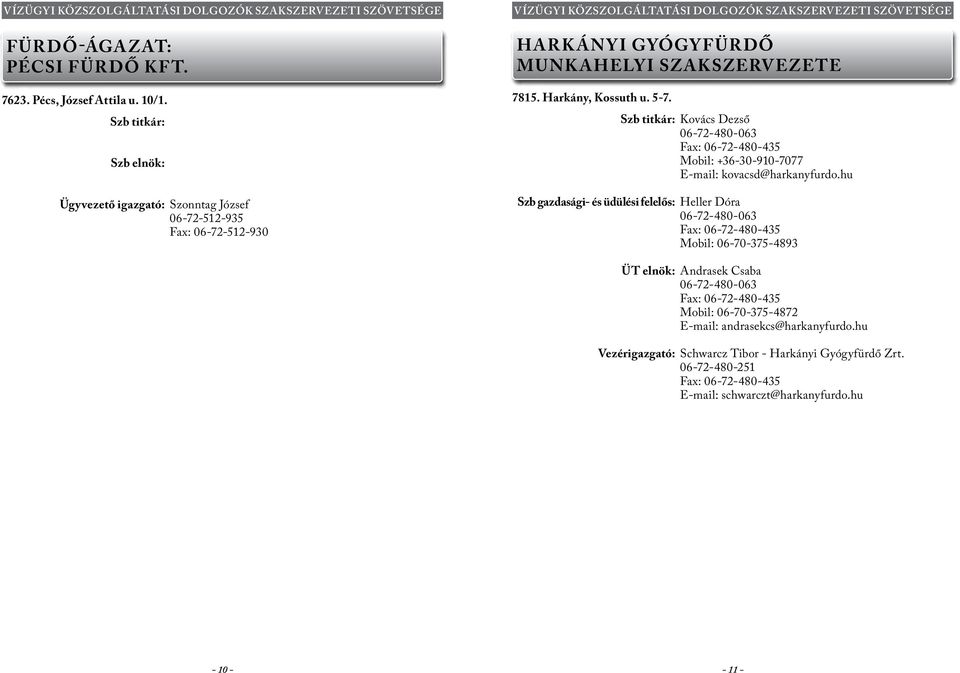 Szb titkár: Kovács Dezső 06-72-480-063 Fax: 06-72-480-435 Mobil: +36-30-910-7077 E-mail: kovacsd@harkanyfurdo.