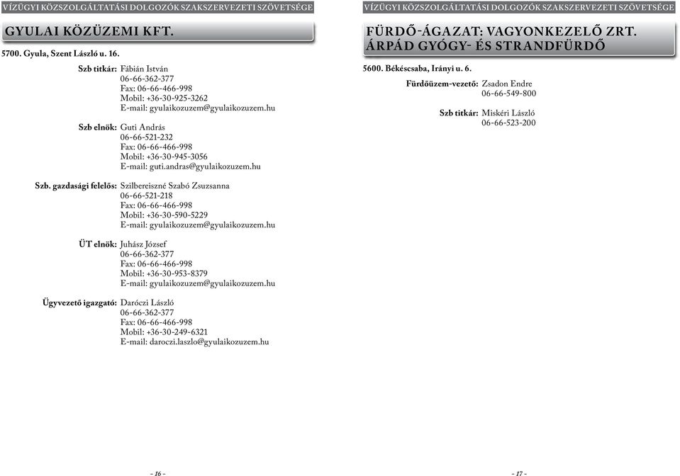 Békéscsaba, Irányi u. 6. Fürdőüzem-vezető: Zsadon Endre 06-66-549-800 Szb titkár: Miskéri László 06-66-523-200 Szb.