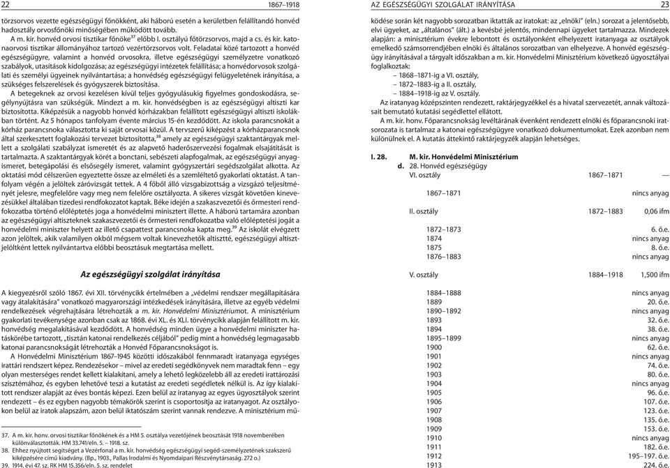 Feladatai közé tartozott a honvéd egészségügyre, valamint a honvéd orvosokra, illetve egészségügyi személyzetre vonatkozó szabályok, utasítások kidolgozása; az egészségügyi intézetek felállítása; a