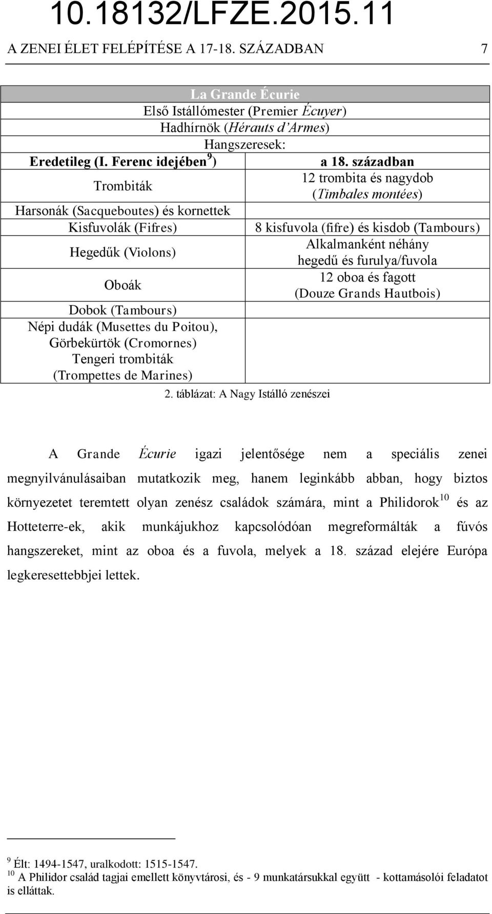 trombiták (Trompettes de Marines) 2. táblázat: A Nagy Istálló zenészei a 18.
