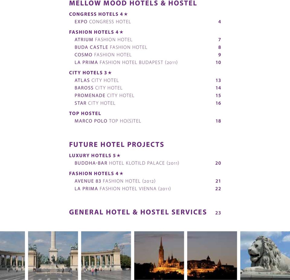 HOTEL 15 STAR CITY HOTEL 16 TOP HOSTEL MARCO POLO TOP HO(S)TEL 18 FUTURE HOTEL PROJECTS LUXURY HOTELS 5 BUDDHA-BAR HOTEL KLOTILD PALACE