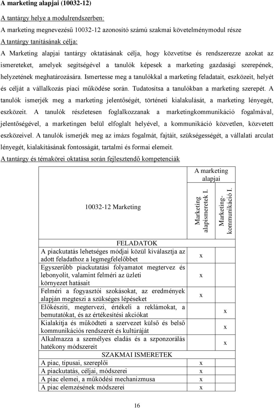 tantárgy oktatásának célja, hogy közvetítse és rendszerezze azokat az ismereteket, amelyek segítségével a tanulók képesek a marketing gazdasági szerepének, helyzetének meghatározására.