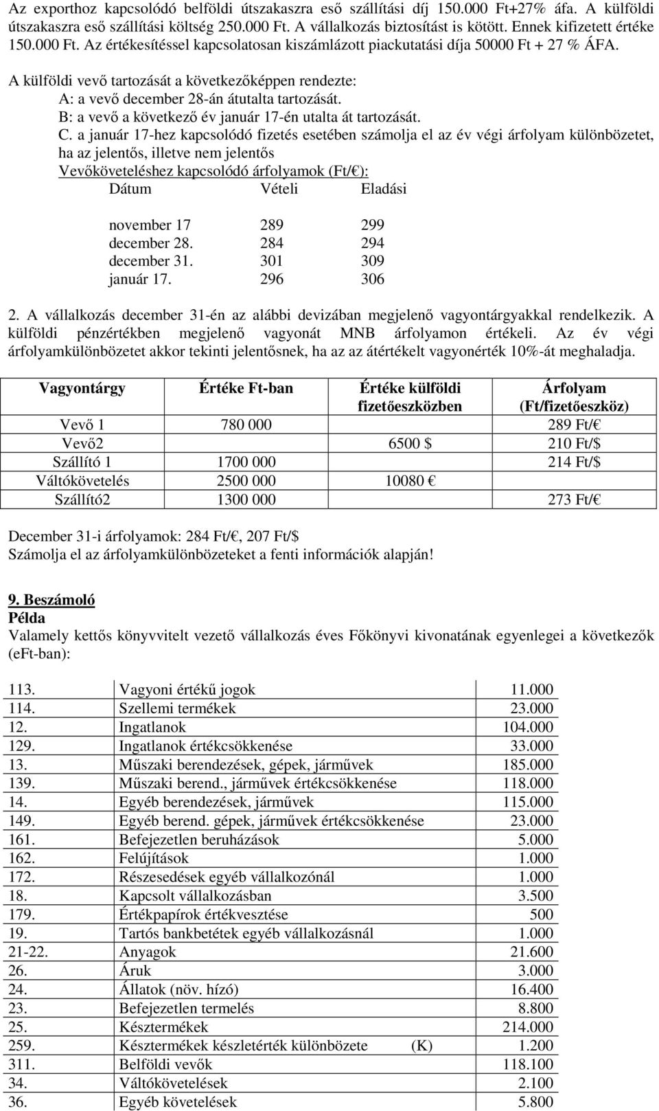 A külföldi vevő tartozását a következőképpen rendezte: A: a vevő december 28-án átutalta tartozását. B: a vevő a következő év január 17-én utalta át tartozását. C.