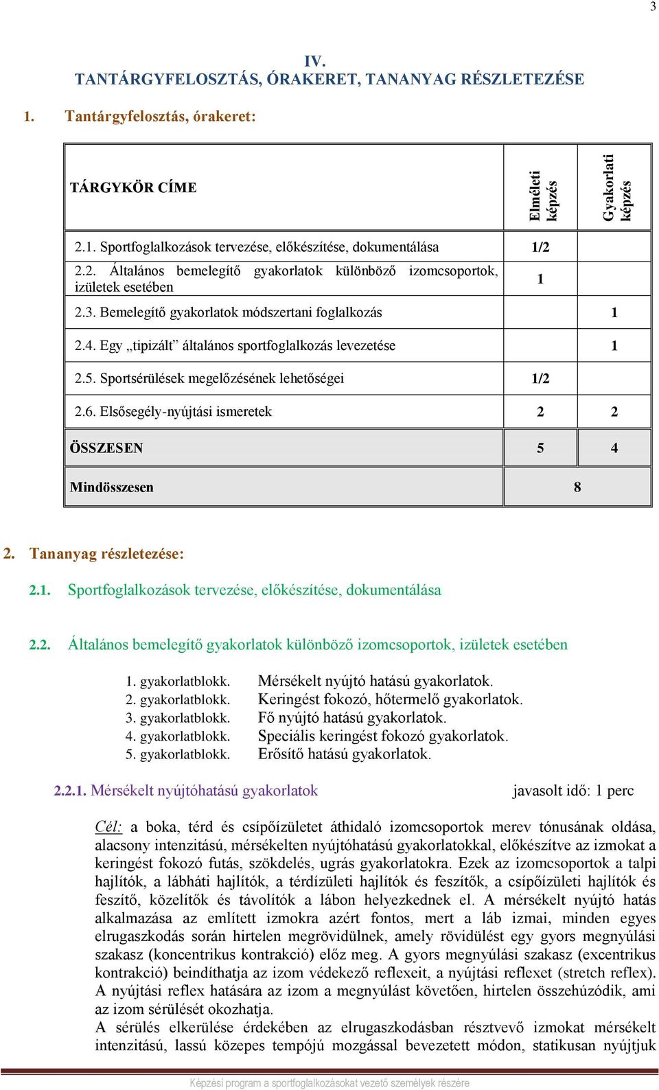 Sportsérülések megelőzésének lehetőségei 1/2 2.6. Elsősegély-nyújtási ismeretek 2 2 ÖSSZESEN 5 4 Mindösszesen 8 1 2. Tananyag részletezése: 2.1. Sportfoglalkozások tervezése, előkészítése, dokumentálása 2.