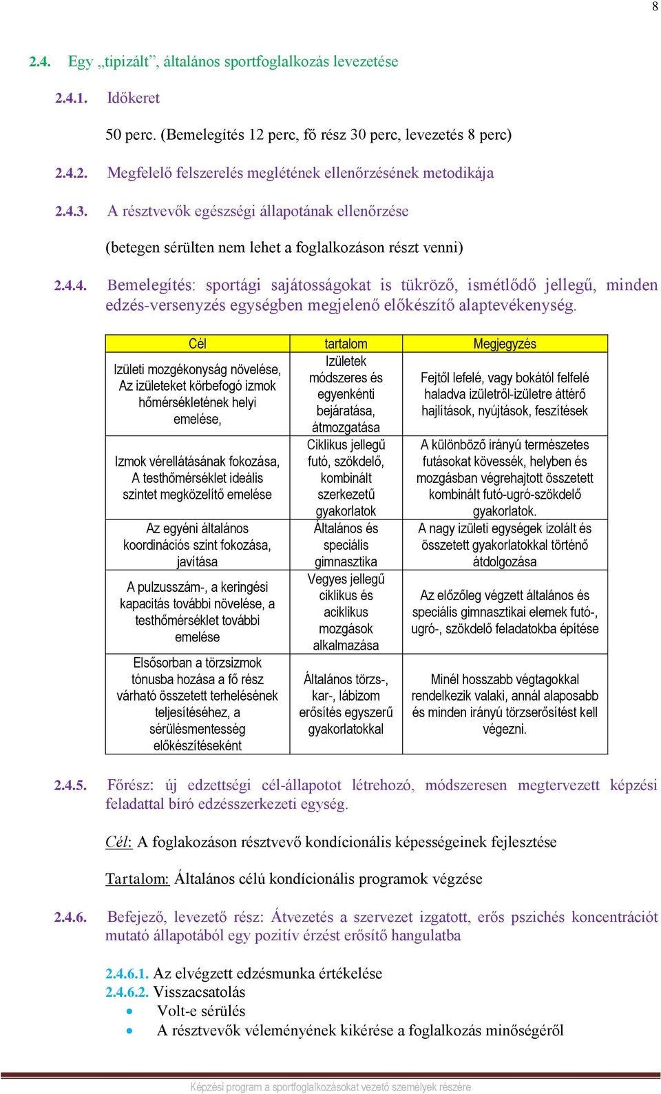 Cél tartalom Megjegyzés Izületek módszeres és egyenkénti bejáratása, átmozgatása Izületi mozgékonyság növelése, Az izületeket körbefogó izmok hőmérsékletének helyi emelése, Izmok vérellátásának