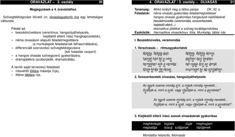 differenciált szervezésû szövegfeldolgozásra (két haladási csoport) a hangos olvasás szövegszerû gyakorlására, drámajátékra (szoborjáték, dramatizálás).