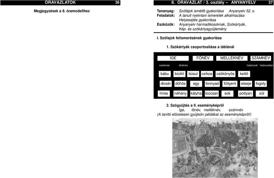 Feladatok: A tanult nyelvtani ismeretek alkalmazása Helyesejtés gyakorlása Eszközök: Anyanyelv harmadikosoknak, Szókártyák, Kép- és szókártyagyûjtemény I.
