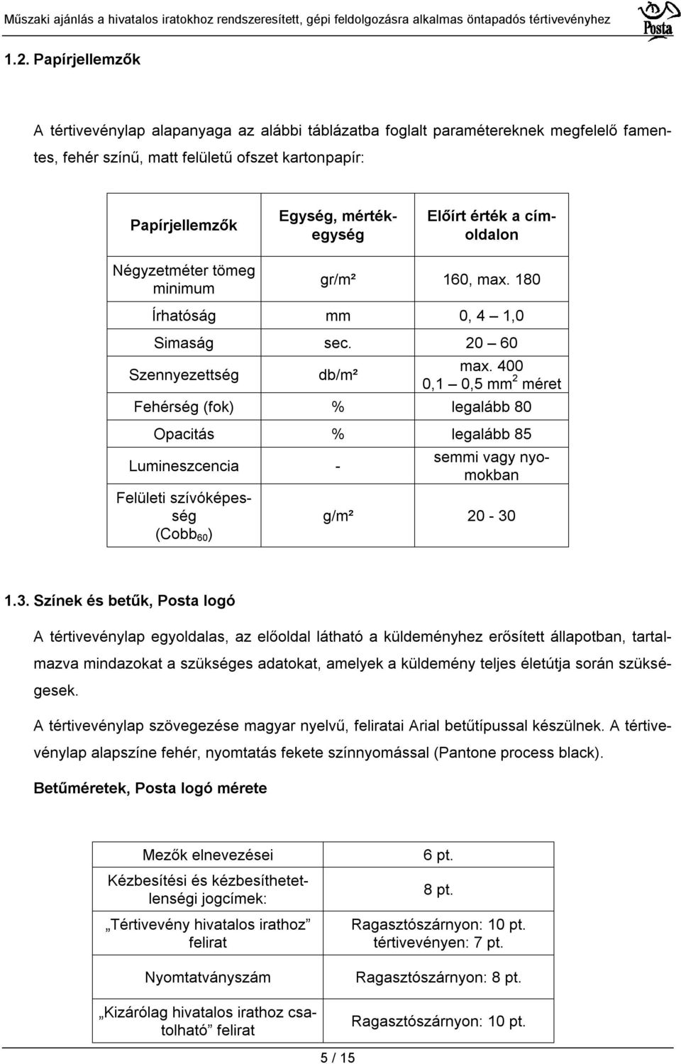 400 0,1 0,5 mm 2 méret Fehérség (fok) % legalább 80 Opacitás % legalább 85 Lumineszcencia - Felületi szívóképesség (Cobb 60 ) semmi vagy nyomokban g/m² 20-30