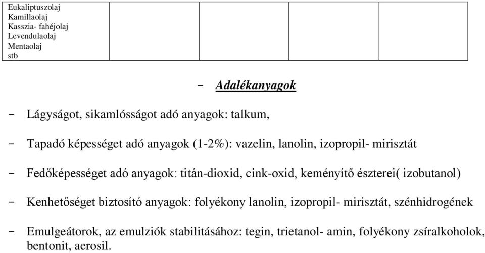 titán-dioxid, cink-oxid, keményítő észterei( izobutanol) - Kenhetőséget biztosító anyagok: folyékony lanolin, izopropil-