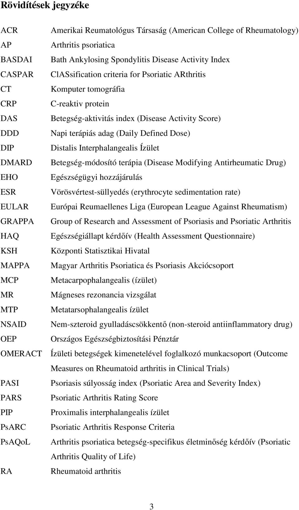 Interphalangealis Ízület DMARD Betegség-módosító terápia (Disease Modifying Antirheumatic Drug) EHO Egészségügyi hozzájárulás ESR Vörösvértest-süllyedés (erythrocyte sedimentation rate) EULAR Európai