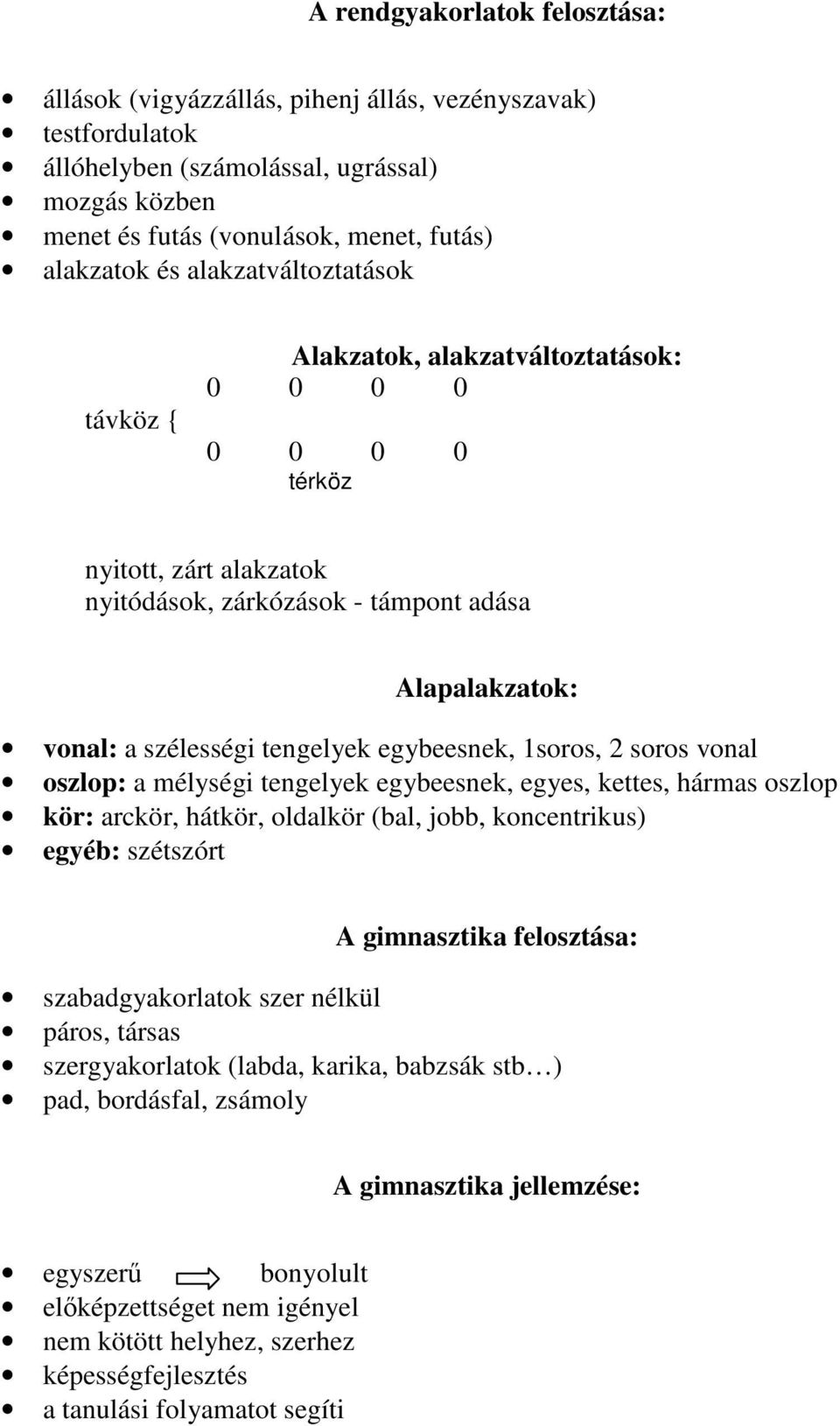 egybeesnek, 1soros, 2 soros vonal oszlop: a mélységi tengelyek egybeesnek, egyes, kettes, hármas oszlop kör: arckör, hátkör, oldalkör (bal, jobb, koncentrikus) egyéb: szétszórt A gimnasztika