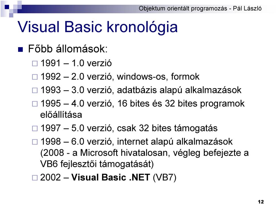 0 verzió, adatbázis alapú alkalmazások 1995 4.0 verzió, 16 bites és 32 bites programok előállítása 1997 5.