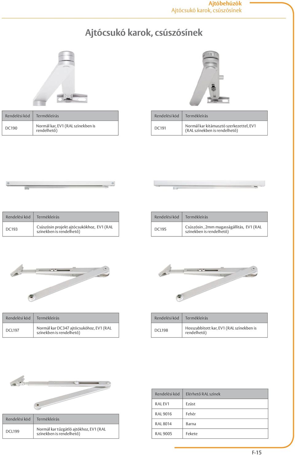 színekben is rendelhető) DCL197 Normál kar DC347 ajtócsukóhoz, EV1 (RAL színekben is rendelhető) DCL198 Hosszabbított kar, EV1 (RAL színekben is