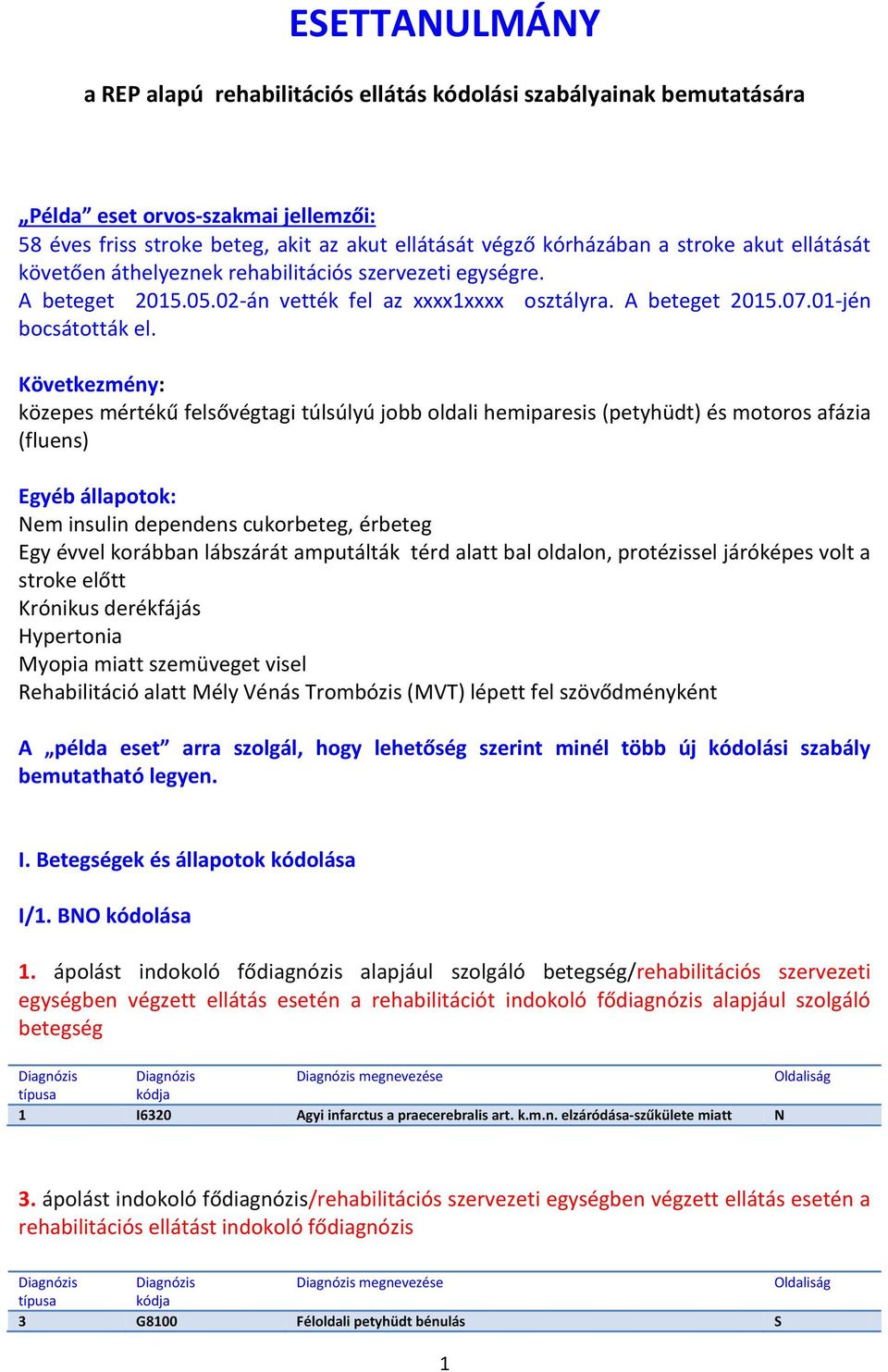 Következmény: közepes mértékű felsővégtagi túlsúlyú jobb oldali hemiparesis (petyhüdt) és motoros afázia (fluens) Egyéb állapotok: Nem insulin dependens cukorbeteg, érbeteg Egy évvel korábban