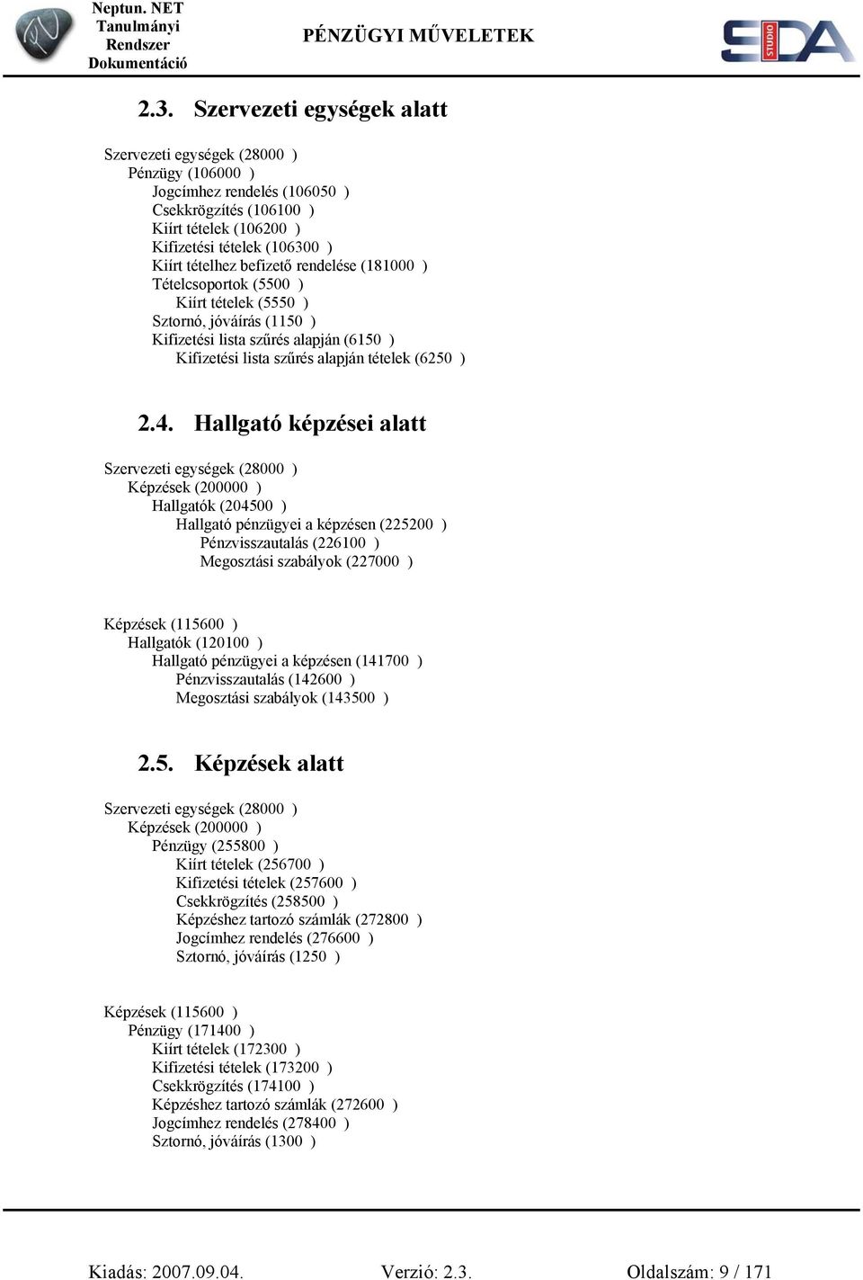 Hallgató képzései alatt Szervezeti egységek (28000 ) Képzések (200000 ) Hallgatók (204500 ) Hallgató pénzügyei a képzésen (225200 ) Pénzvisszautalás (226100 ) Megosztási szabályok (227000 ) Képzések