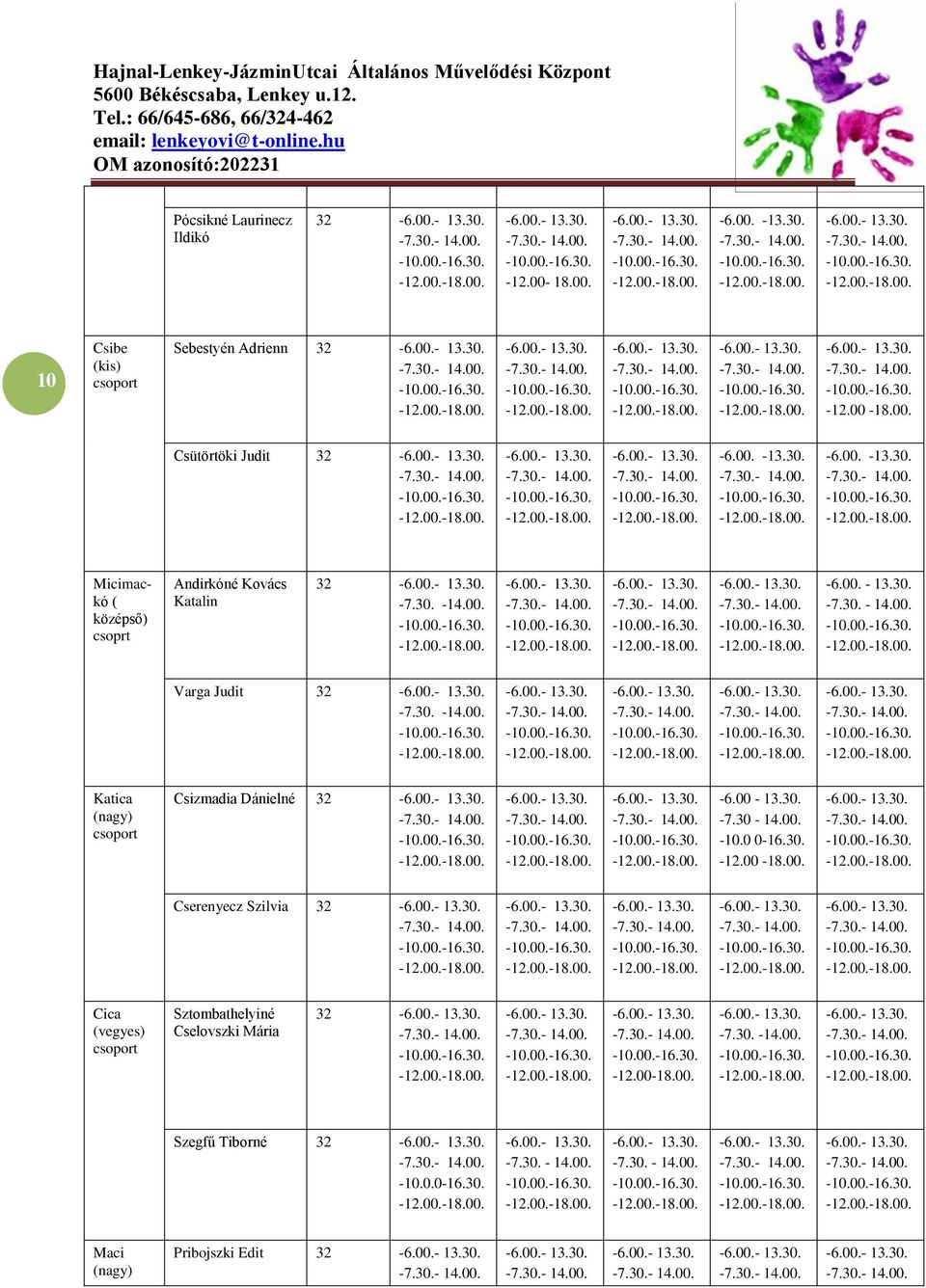 0 0-16.30. -12.00-18.00. Cserenyecz Szilvia 32 Cica (vegyes) csoport Sztombathelyiné Cselovszki Mária 32-12.00-18.00. -7.30. -14.00. Szegfű Tiborné 32-10.