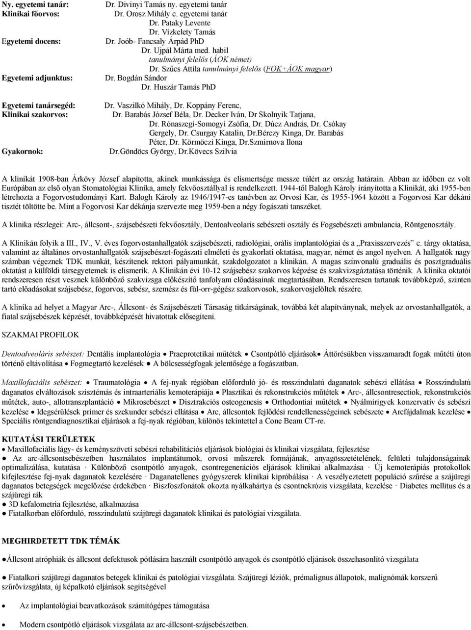 Bogdán Sándor Dr. Huszár Tamás PhD Dr. Vaszilkó Mihály, Dr. Koppány Ferenc, Dr. Barabás József Béla, Dr. Decker Iván, Dr Skolnyik Tatjana, Dr. Rónaszegi-Somogyi Zsófia, Dr. Dúcz András, Dr.