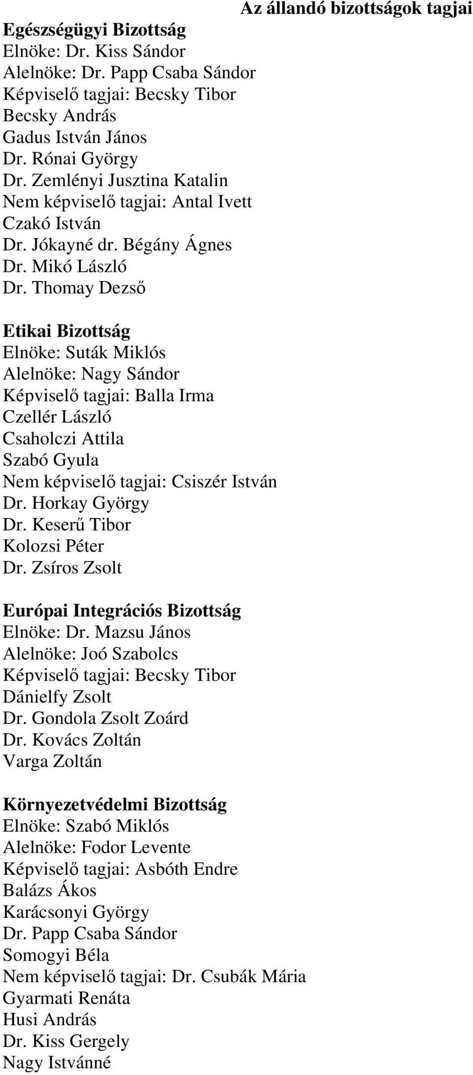 Thomay Dezső Etikai Bizottság Elnöke: Suták Miklós Alelnöke: Nagy Sándor Képviselő tagjai: Balla Irma Czellér László Csaholczi Attila Szabó Gyula Nem képviselő tagjai: Csiszér István Dr.