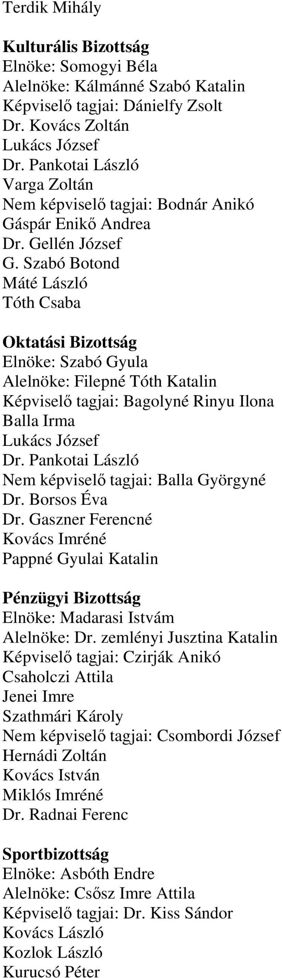 Szabó Botond Máté László Tóth Csaba Oktatási Bizottság Elnöke: Szabó Gyula Alelnöke: Filepné Tóth Katalin Képviselő tagjai: Bagolyné Rinyu Ilona Balla Irma Lukács József Dr.