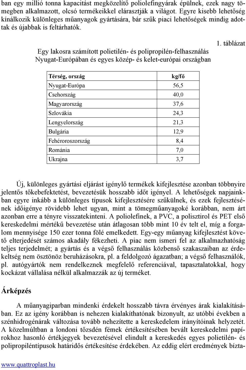 Egy lakosra számított polietilén- és polipropilén-felhasználás Nyugat-Európában és egyes közép- és kelet-európai országban 1.