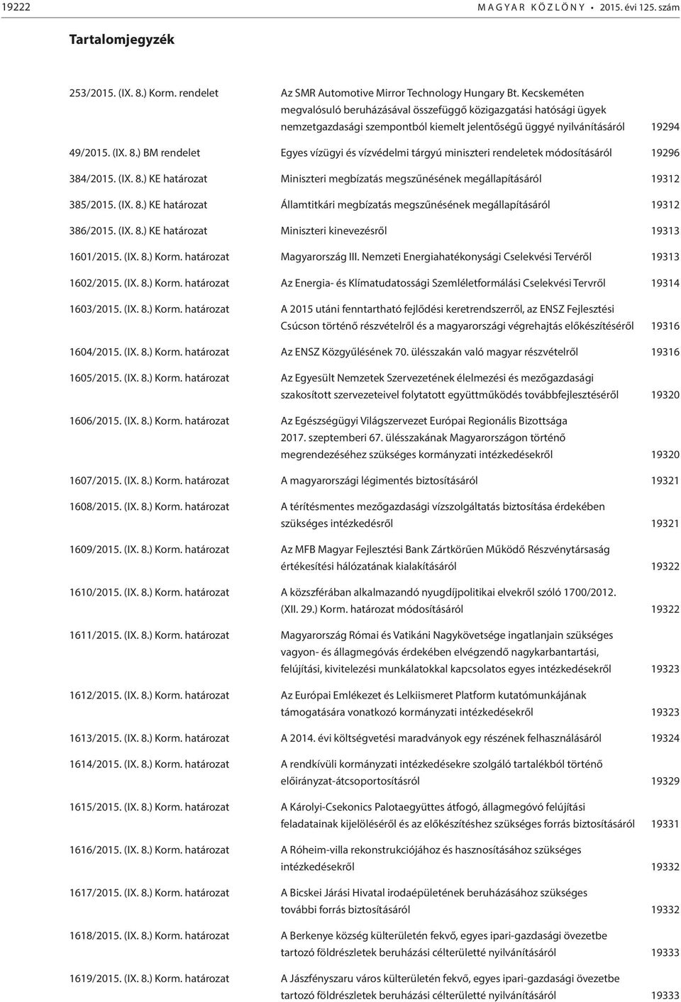 ) BM rendelet Egyes vízügyi és vízvédelmi tárgyú miniszteri rendeletek módosításáról 19296 384/2015. (IX. 8.) KE határozat Miniszteri megbízatás megszűnésének megállapításáról 19312 385/2015. (IX. 8.) KE határozat Államtitkári megbízatás megszűnésének megállapításáról 19312 386/2015.