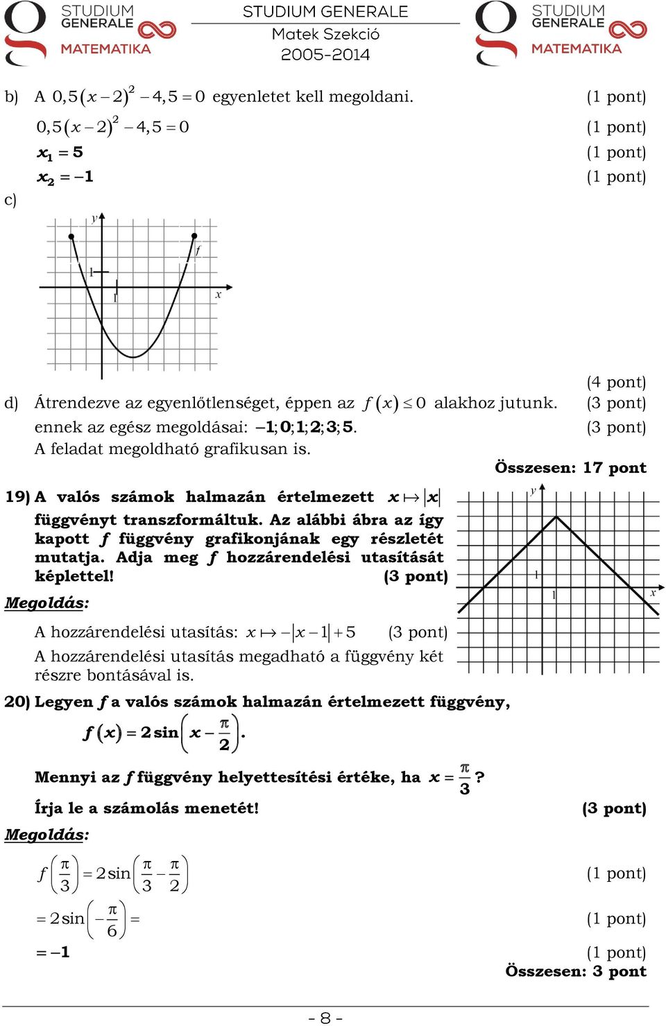 Adja meg f hozzárendelési utasítását képlettel! ( pont) A hozzárendelési utasítás: 5 ( pont) A hozzárendelési utasítás megadható a függvény két részre bontásával is.