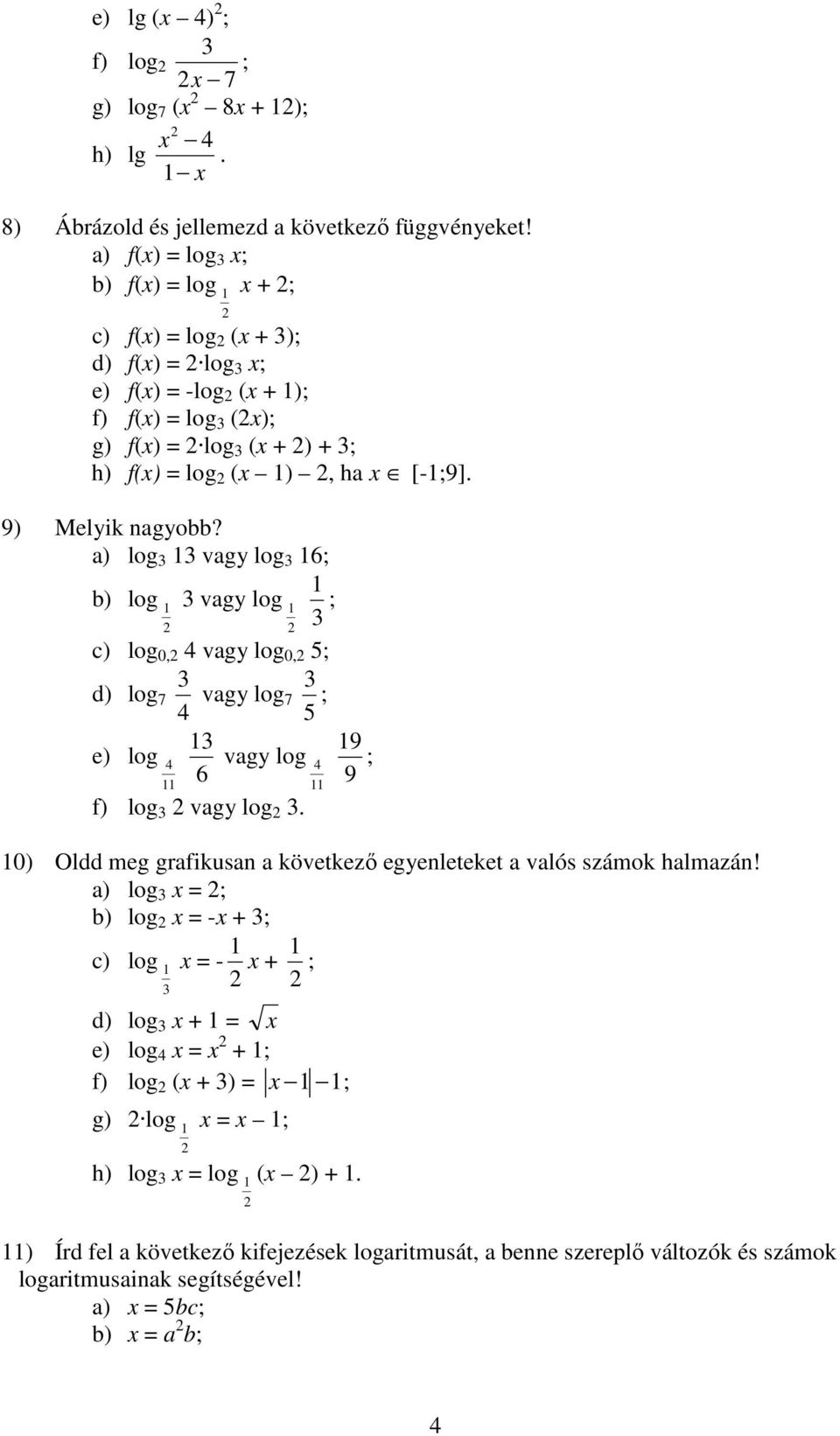 a) log vagy log 6 b) log vagy log c) log 0, 4 vagy log 0, d) log 7 4 vagy log7 9 e) log 4 vagy log 4 6 9 f) log vagy log 0) Oldd meg grafikusan a következő egyenleteket a valós számok