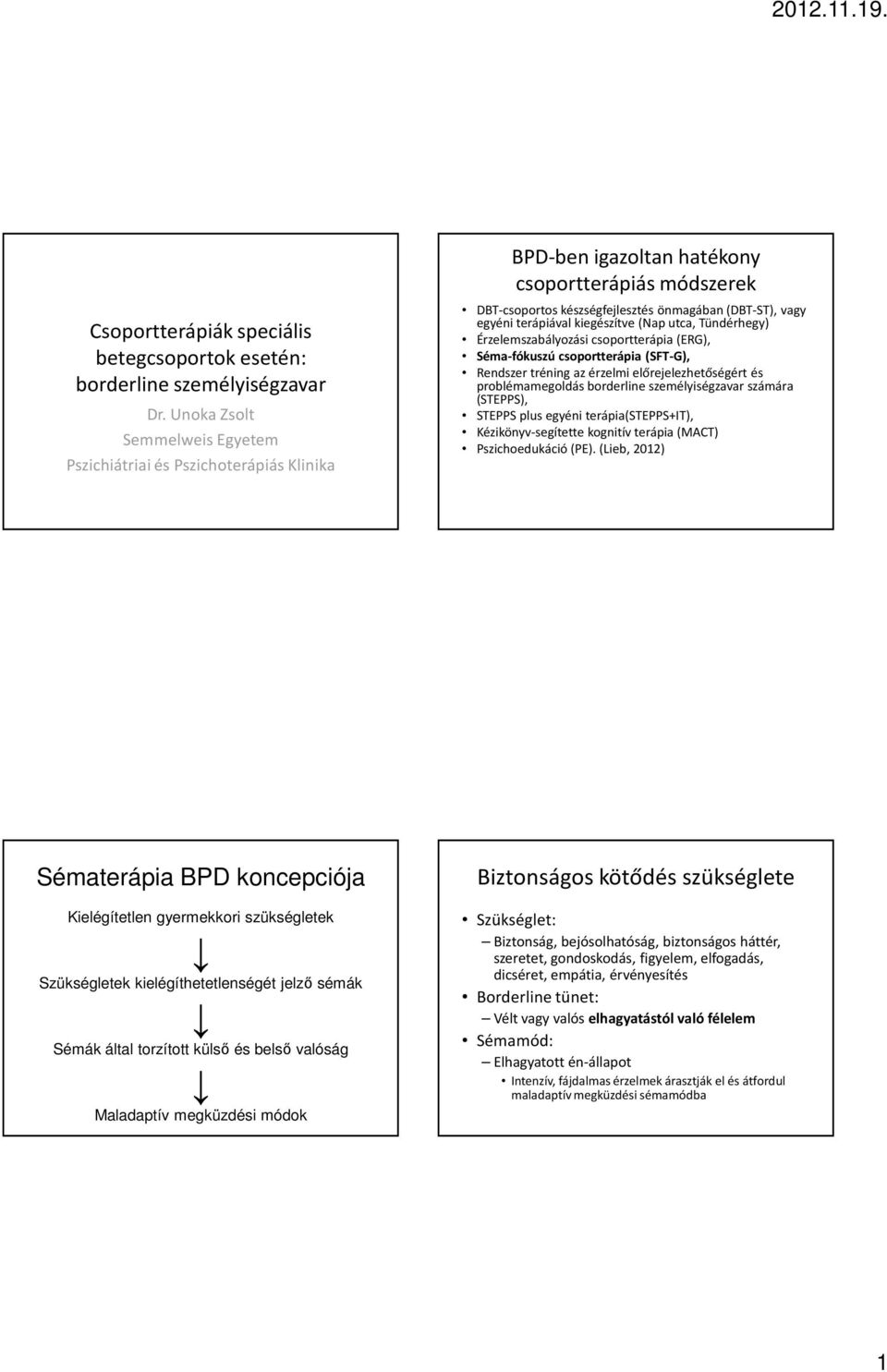 kiegészítve (Nap utca, Tündérhegy) Érzelemszabályozási (ERG), Séma-fókuszú (SFT-G), Rendszer tréning az érzelmi előrejelezhetőségért és problémamegoldás borderline személyiségzavar számára (STEPPS),